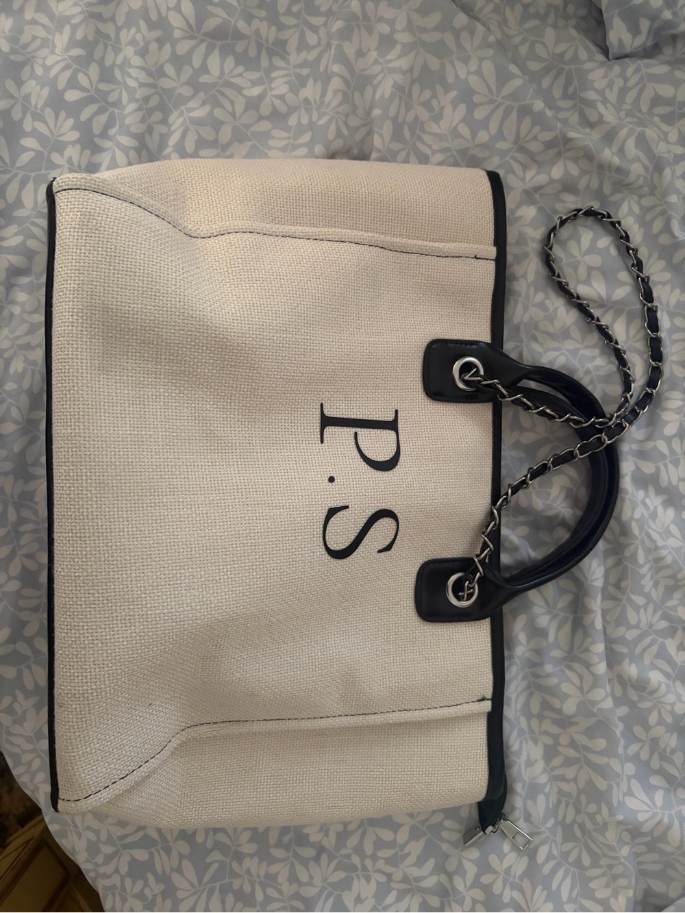 P.S. Beige Canvas Tote with Black Trim and Chain Handles